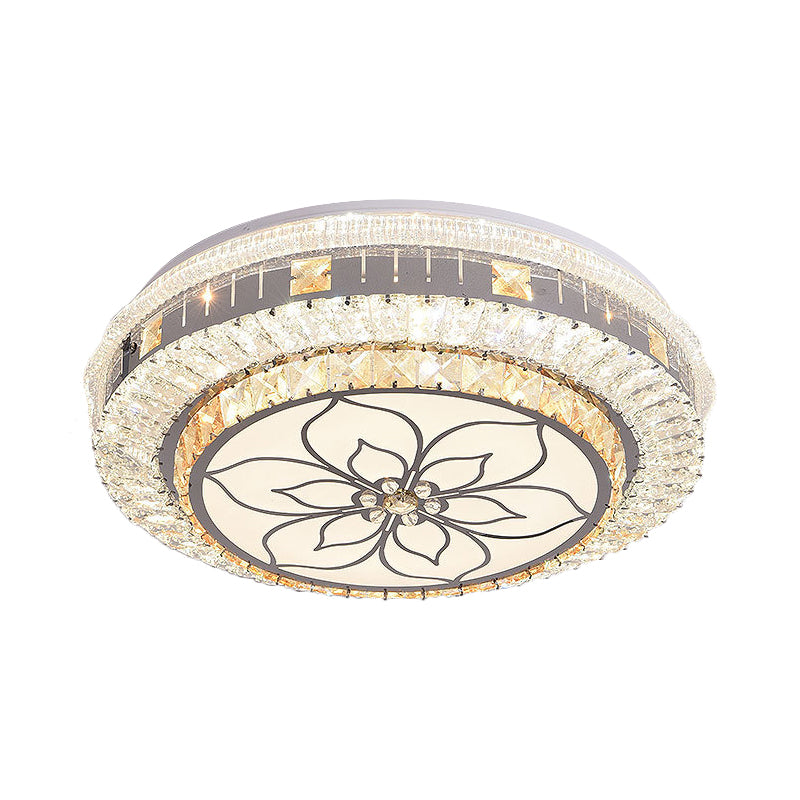 LED Round Flush Mount Contemporary Stainless-Steel Clear Cut Crystal Blocks Ceiling Lamp with Flower Pattern