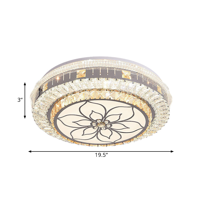LED Round Flush Mount Contemporary Stainless-Steel Clear Cut Crystal Blocks Ceiling Lamp with Flower Pattern