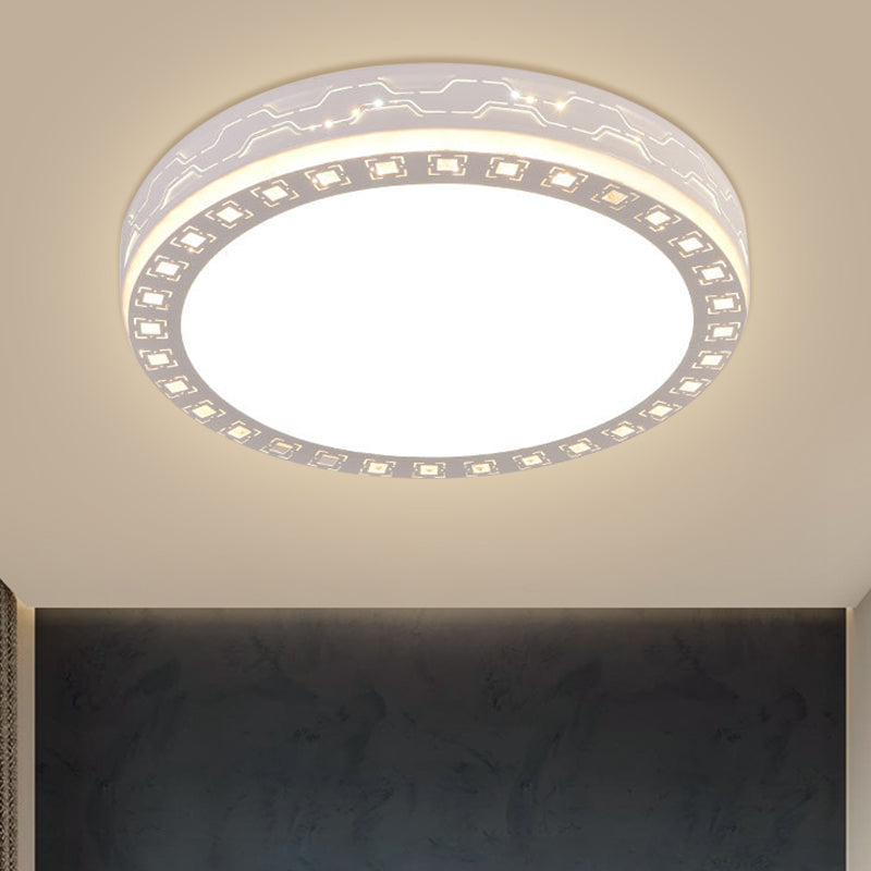 White Round Light Fixture Contemporary Clear Crystal Blocks LED Corridor Flush Mount Lighting