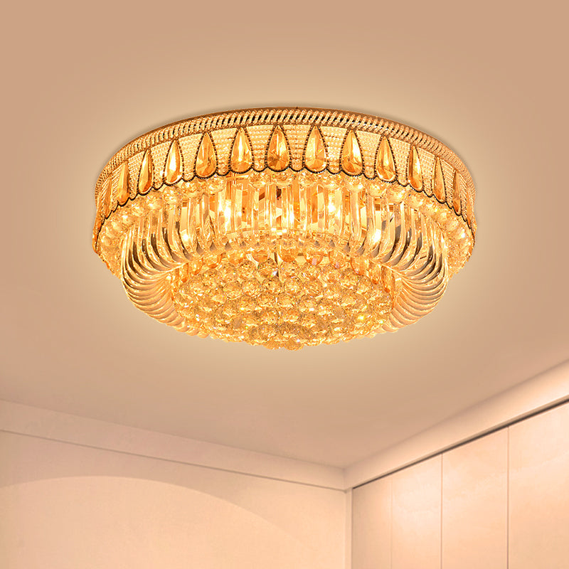 7 Heads Clear Crystal Orbs Flush Light Fixture Modern Gold Finish Drum Living Room Ceiling Mount