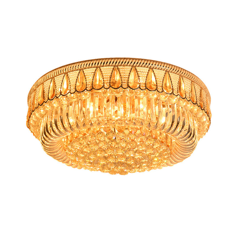 7 Heads Clear Crystal Orbs Flush Light Fixture Modern Gold Finish Drum Living Room Ceiling Mount