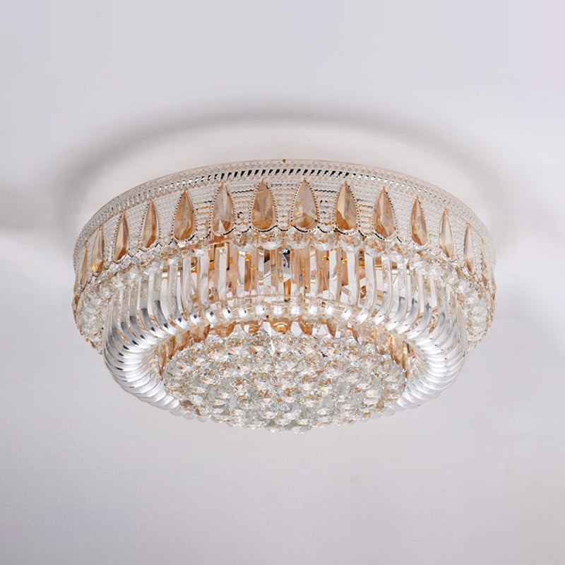 7 Heads Clear Crystal Orbs Flush Light Fixture Modern Gold Finish Drum Living Room Ceiling Mount