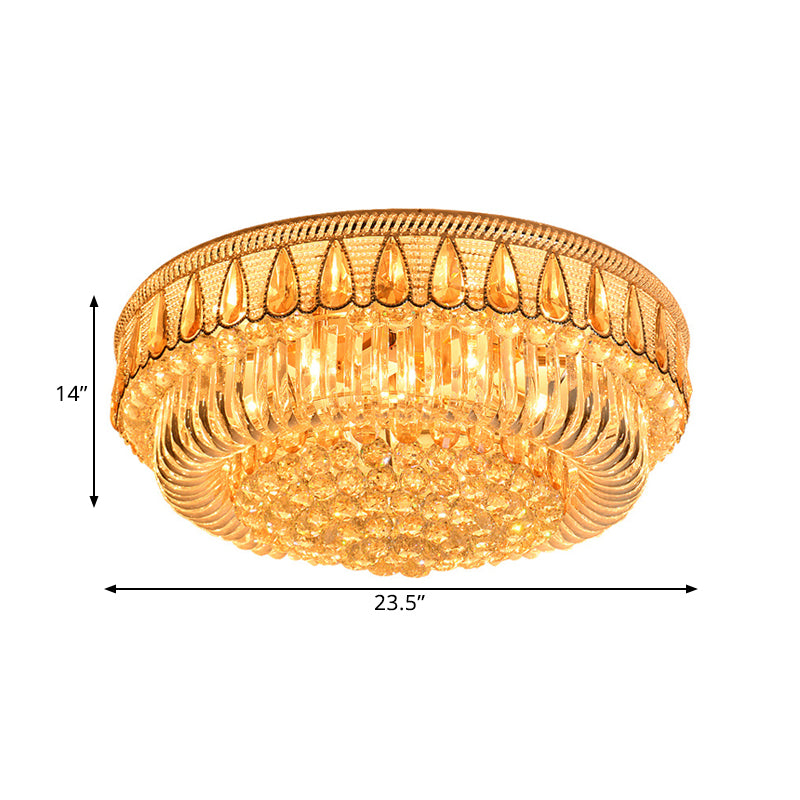 7 Heads Clear Crystal Orbs Flush Light Fixture Modern Gold Finish Drum Living Room Ceiling Mount