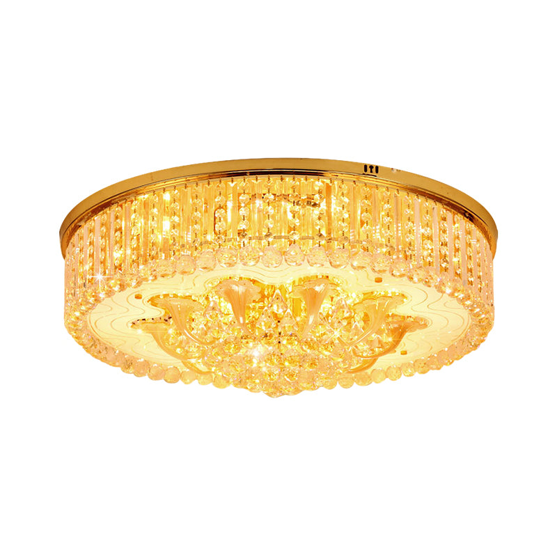5 Heads Round Flush Light Fixture Modern Gold Clear Beveled Crystal Stands Ceiling Lighting