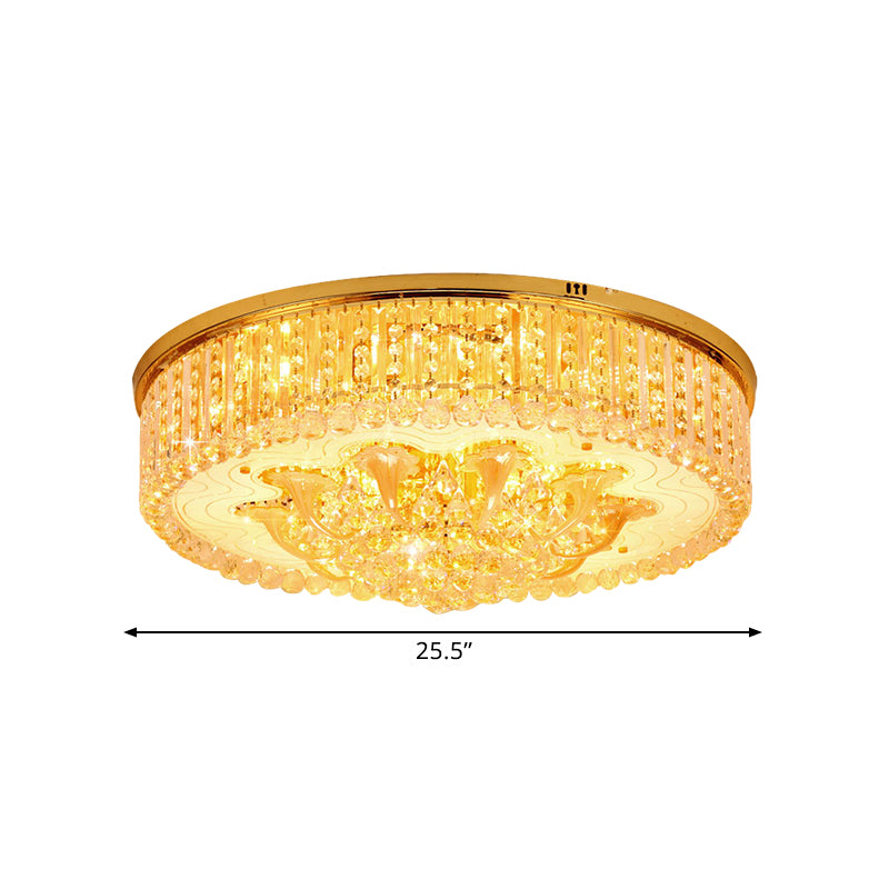 5 Heads Round Flush Light Fixture Modern Gold Clear Beveled Crystal Stands Ceiling Lighting