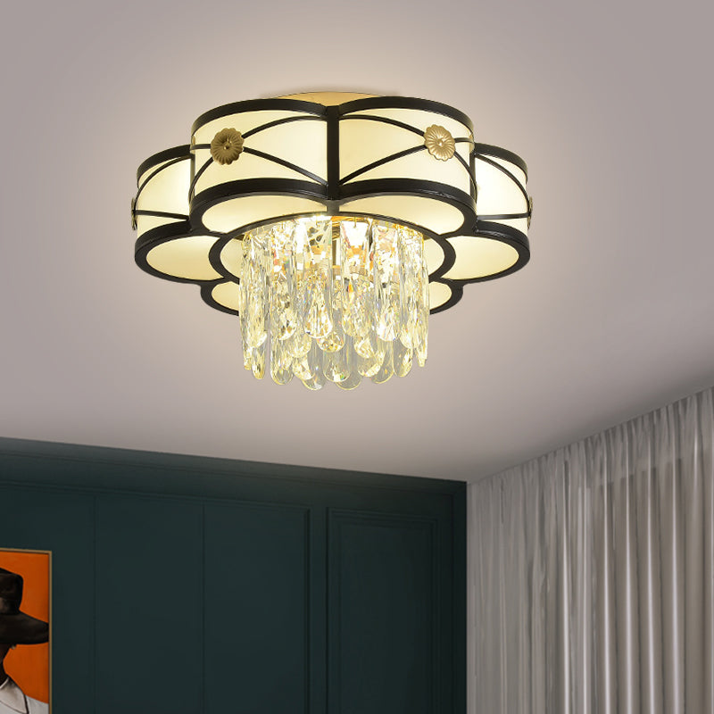 Floral Clear Crystal Draping Ceiling Lamp Contemporary 4/10 Bulbs Parlor Flushmount Light in Black, 16"/28.5" Wide