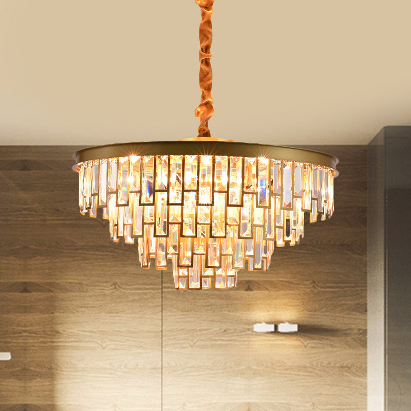 6 Heads Tapered Chandelier Modern Gold/Black Clear Rectangular-Cut Crystals Embedded Hanging Lighting