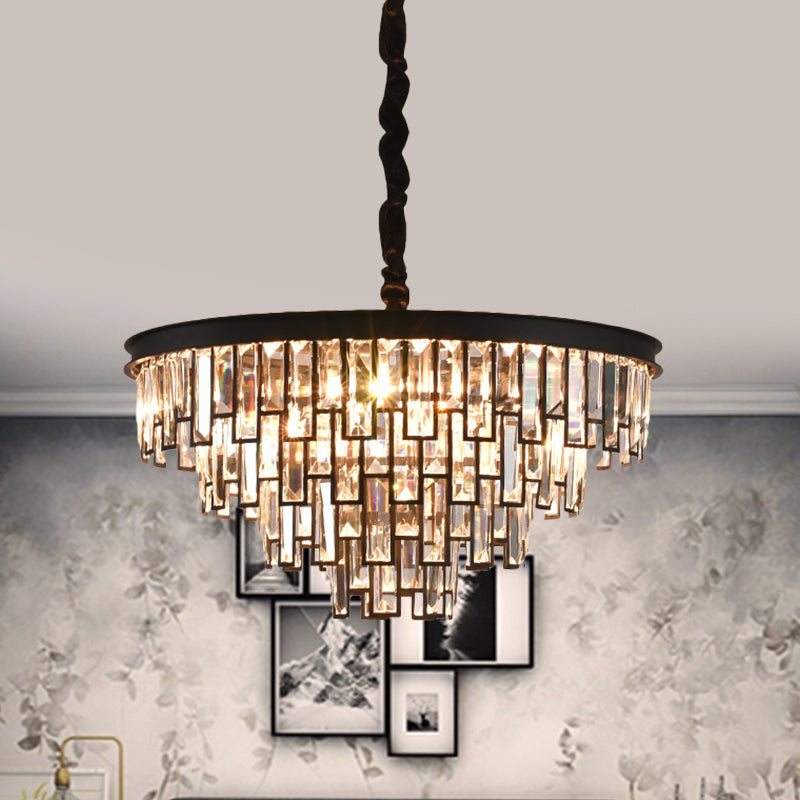 6 Heads Tapered Chandelier Modern Gold/Black Clear Rectangular-Cut Crystals Embedded Hanging Lighting