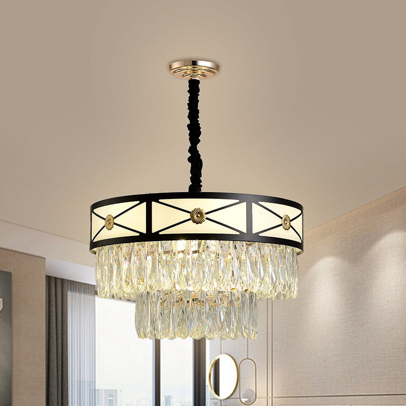 Black Finish 9 Heads Chandelier Lamp Contemporary Clear Crystal 3-Layer Round Suspension Light