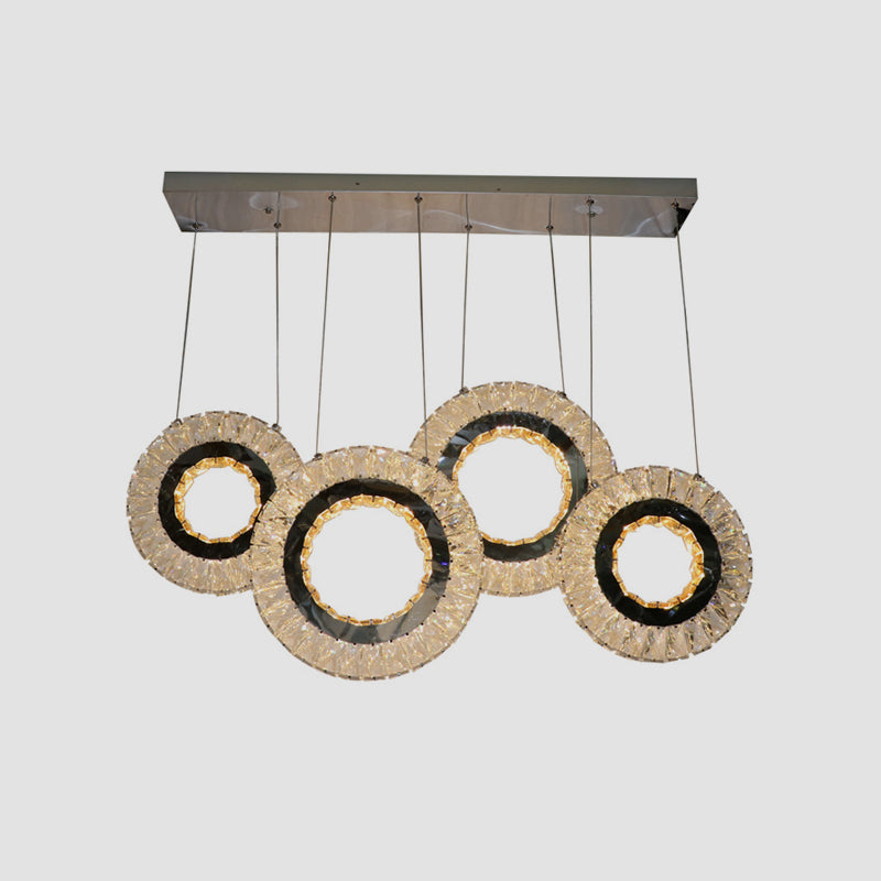 4-Ring Clear Crystal Blocks Suspension Light Contemporary LED Porch Multi Ceiling Lamp in Black