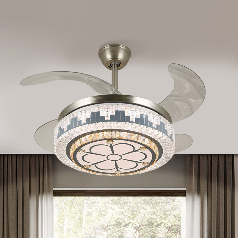 LED Circulaire semi-vlakke moderne roestvrijstalen heldere kristalblokken 4 messen hanger ventilator licht, 19 "breed