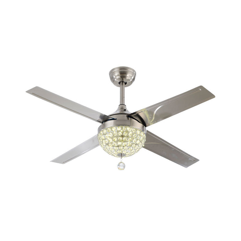 Duidelijke kristal ingelegde nikkel semi -spoelkom LED eigentijds hangende ventilatorlicht met 4 messen, 52 "breed