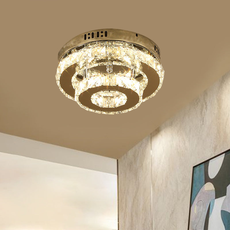 Stainless-Steel LED Semi Flush Mount Contemporary Clear Crystal Blocks Round/Triangle/Double Ring Ceiling Lamp