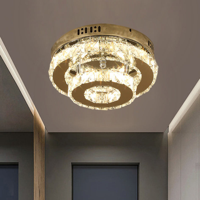 Stainless-Steel LED Semi Flush Mount Contemporary Clear Crystal Blocks Round/Triangle/Double Ring Ceiling Lamp