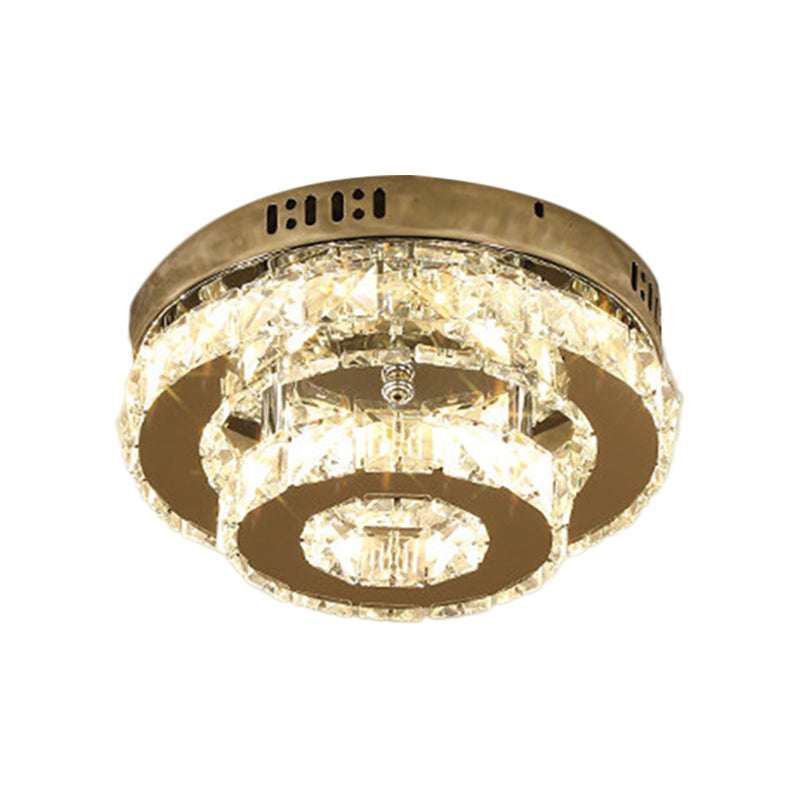 Stainless-Steel LED Semi Flush Mount Contemporary Clear Crystal Blocks Round/Triangle/Double Ring Ceiling Lamp