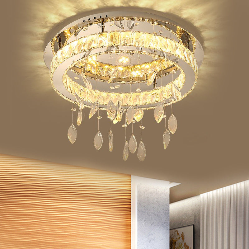 LED Ring Semi Flush Contemporary Stainless-Steel Clear Rectangular-Cut Crystals Ceiling Mount with Leaf Droplet