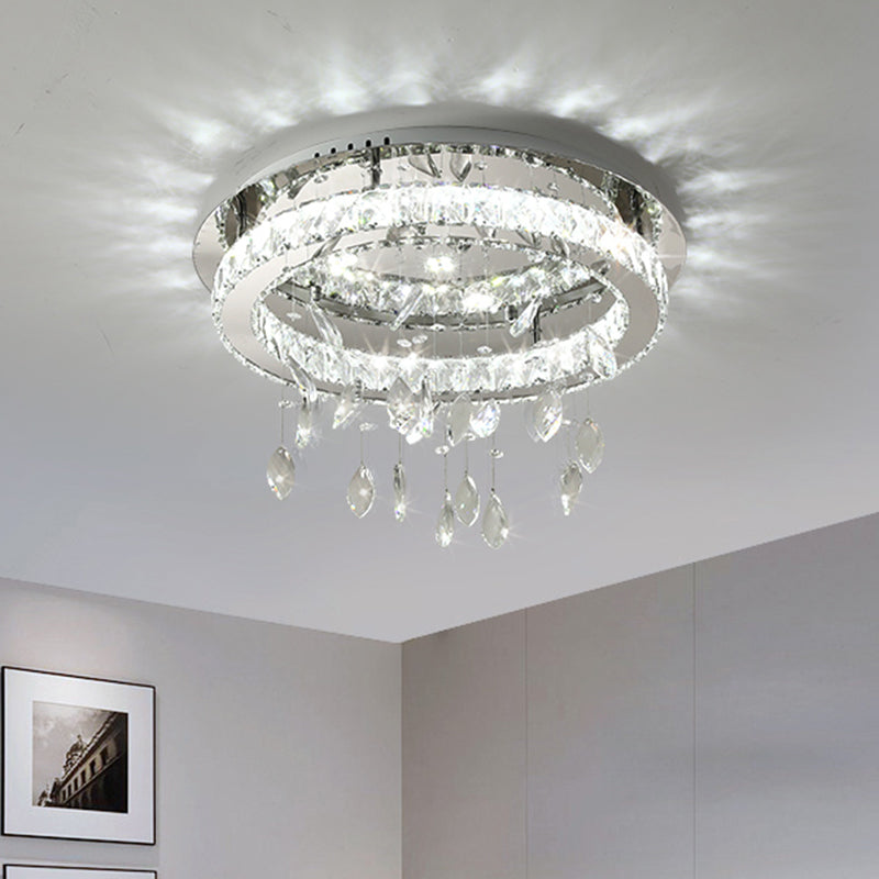 LED Ring Semi Flush Contemporary Stainless-Steel Clear Rectangular-Cut Crystals Ceiling Mount with Leaf Droplet