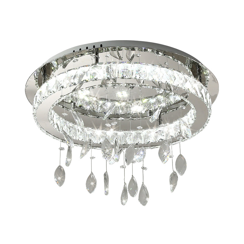 LED Ring Semi Flush Contemporary Stainless-Steel Clear Rectangular-Cut Crystals Ceiling Mount with Leaf Droplet