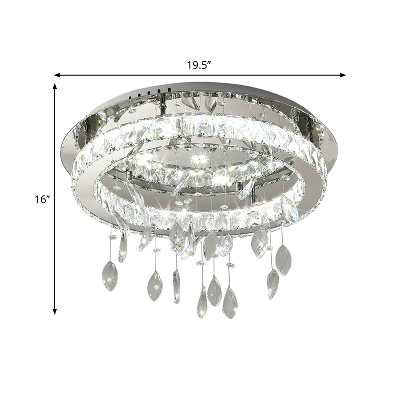 LED Ring Semi Flush Contemporary Stainless-Steel Clear Rectangular-Cut Crystals Ceiling Mount with Leaf Droplet