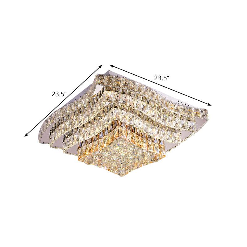Wavy-Side Square Bedroom Flush Mount Modern Clear Crystal Blocks Stainless-Steel LED Ceiling Lighting Fixture