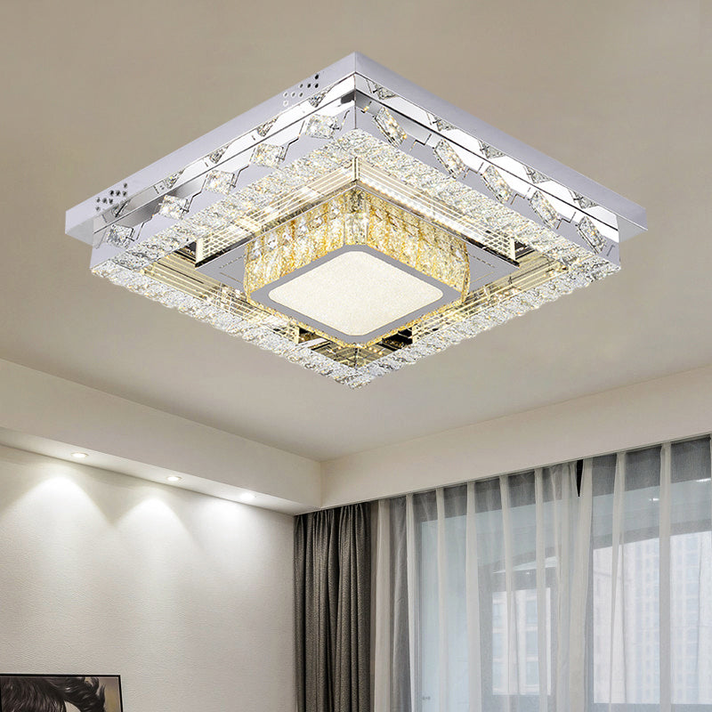 Clear Crystal Blocks LED Flush Mount Contemporary Stainless-Steel Square/Circular Parlor Ceiling Light Fixture