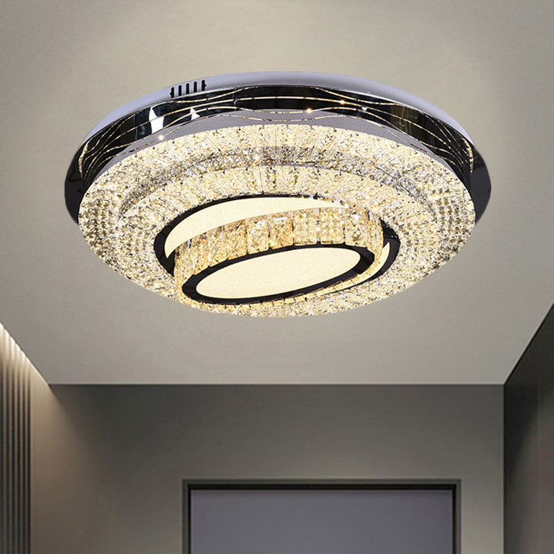 Circular Clear Crystal Blocks Flush Light Modern Great Room LED Ceiling Mount in Stainless-Steel
