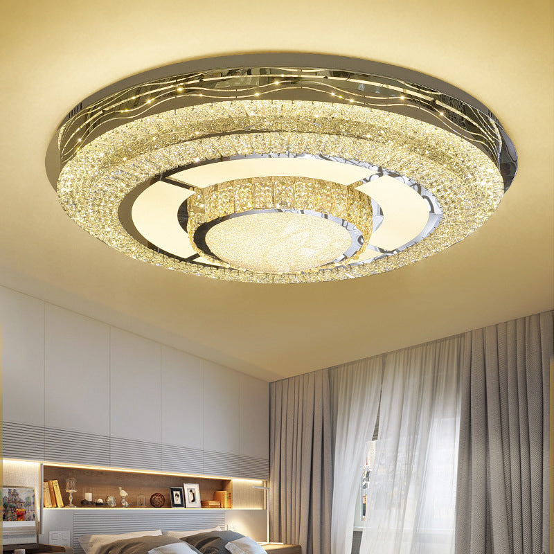 Contemporary Round Ceiling Lamp Clear Rectangular-Cut Crystals LED Flush Mount Light in Stainless-Steel