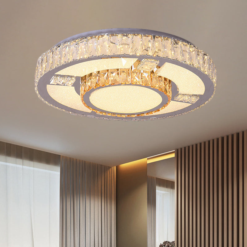 Round Parlor Flush Mount Lamp Modern Clear Beveled Crystal Blocks Stainless-Steel LED Lighting Fixture
