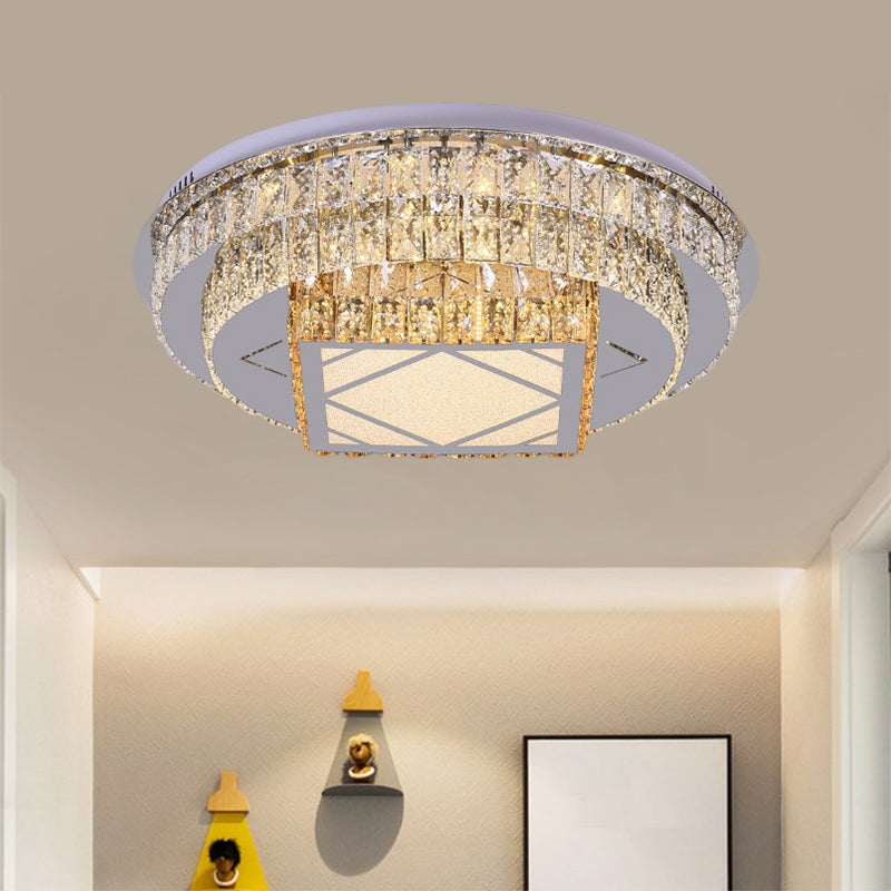 Clear Cut Crystals Circular Ceiling Light Modern LED Bedroom Flush Mount Lamp in Stainless-Steel with Flower/Square Design