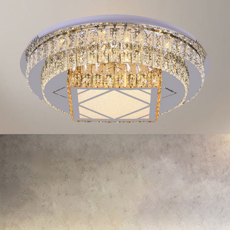 Clear Cut Crystals Circular Ceiling Light Modern LED Bedroom Flush Mount Lamp in Stainless-Steel with Flower/Square Design