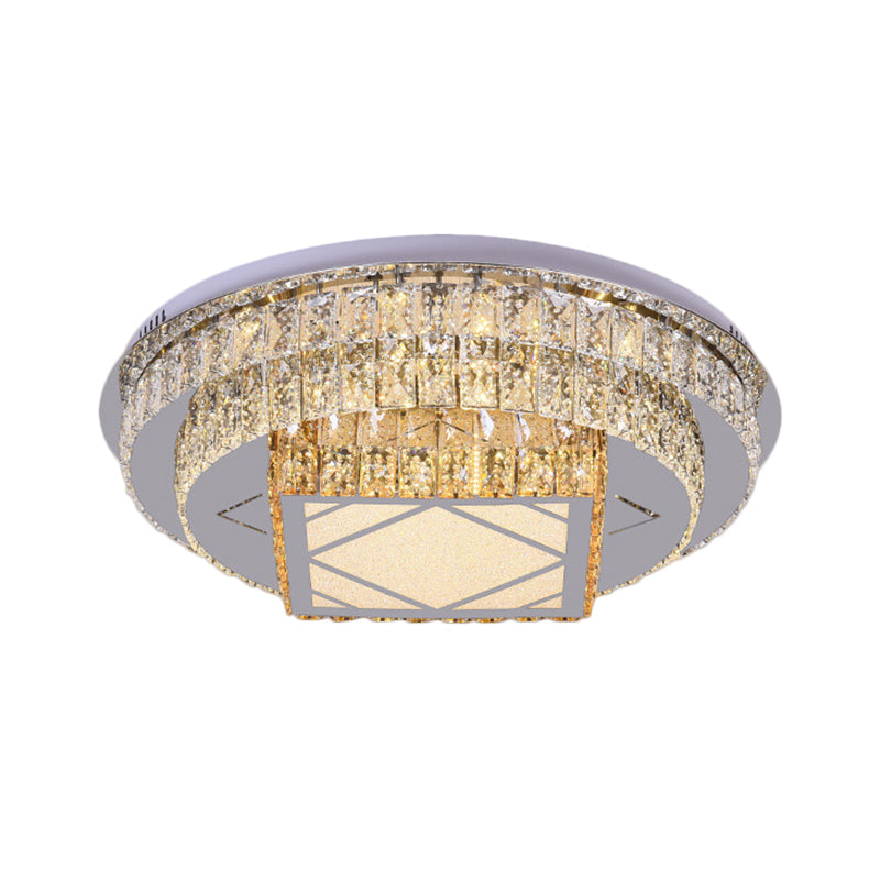 Clear Cut Crystals Circular Ceiling Light Modern LED Bedroom Flush Mount Lamp in Stainless-Steel with Flower/Square Design