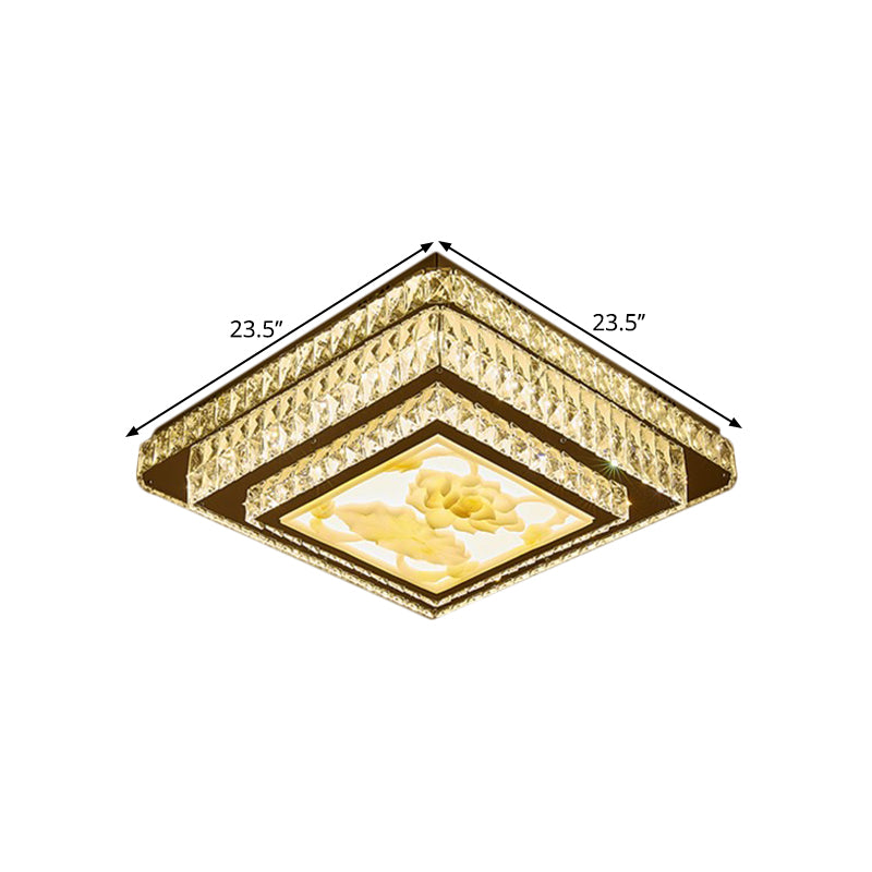 Stainless-Steel Square Flush Mount Fixture Modern Clear Rectangular-Cut Crystals Bedroom LED Ceiling Light