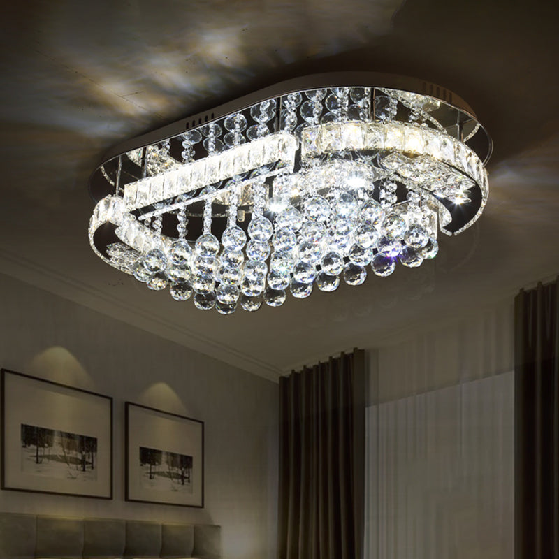 Stainless-Steel LED Light Fixture Contemporary Clear Cut Crystal Blocks Oval Semi Flush with Ball Droplets