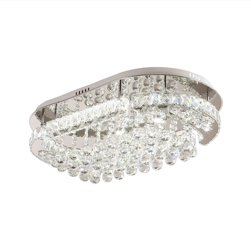 Stainless-Steel LED Light Fixture Contemporary Clear Cut Crystal Blocks Oval Semi Flush with Ball Droplets