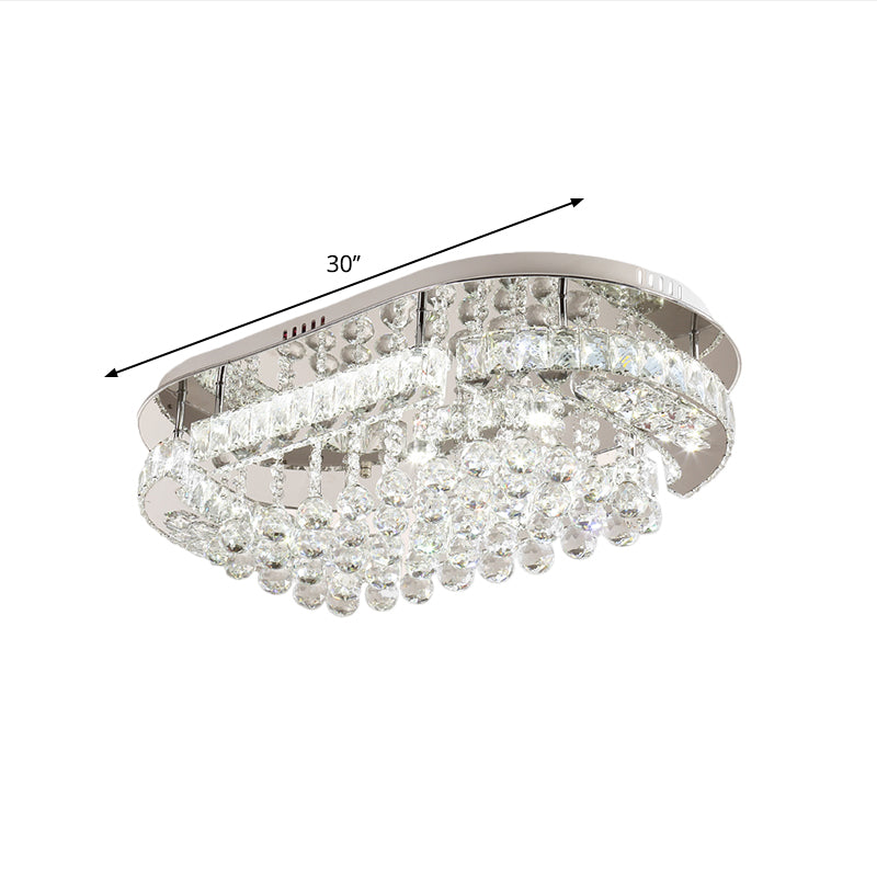 Stainless-Steel LED Light Fixture Contemporary Clear Cut Crystal Blocks Oval Semi Flush with Ball Droplets