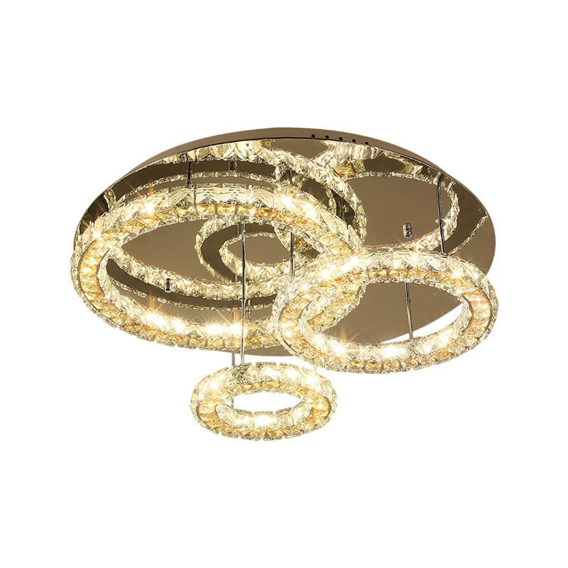 3-Ring LED Semi Flush Mount Contemporary Stainless-Steel Clear Cut Crystal Blocks Ceiling Light Fixture