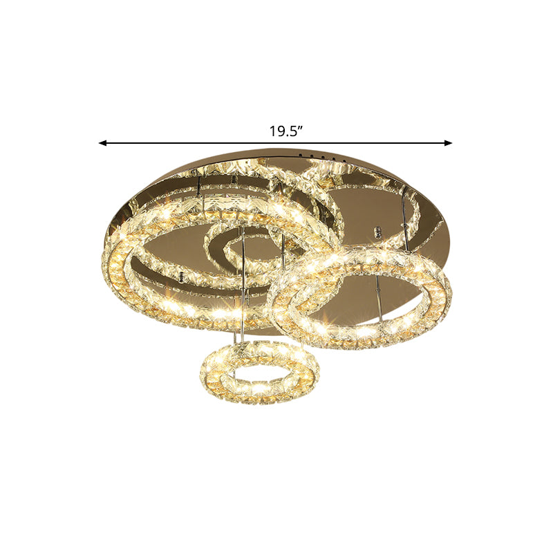 3-Ring LED Semi Flush Mount Contemporary Stainless-Steel Clear Cut Crystal Blocks Ceiling Light Fixture