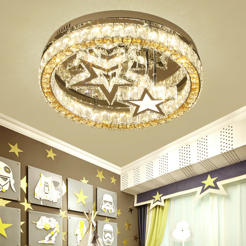 LED Semi Flush Contemporary Round Clear Faceted Crystal Blocks Ceiling Lamp in Stainless-Steel with Star Design