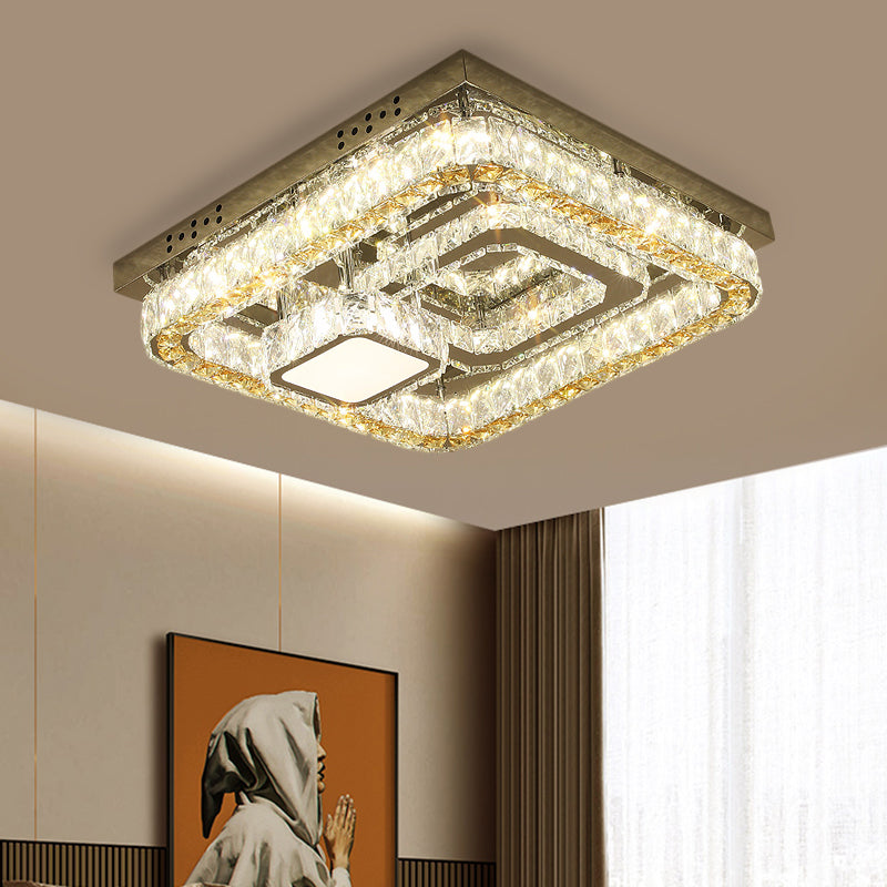 Clear Cut Crystal Blocks Square Semi Flush Contemporary Sleeping Room LED Ceiling Lighting in Stainless-Steel