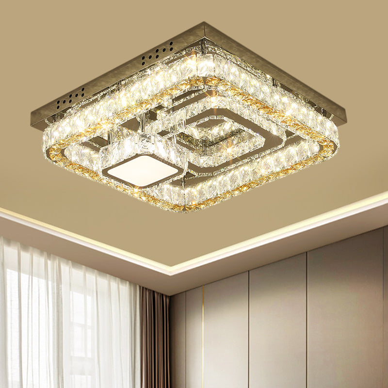 Clear Cut Crystal Blocks Square Semi Flush Contemporary Sleeping Room LED Ceiling Lighting in Stainless-Steel