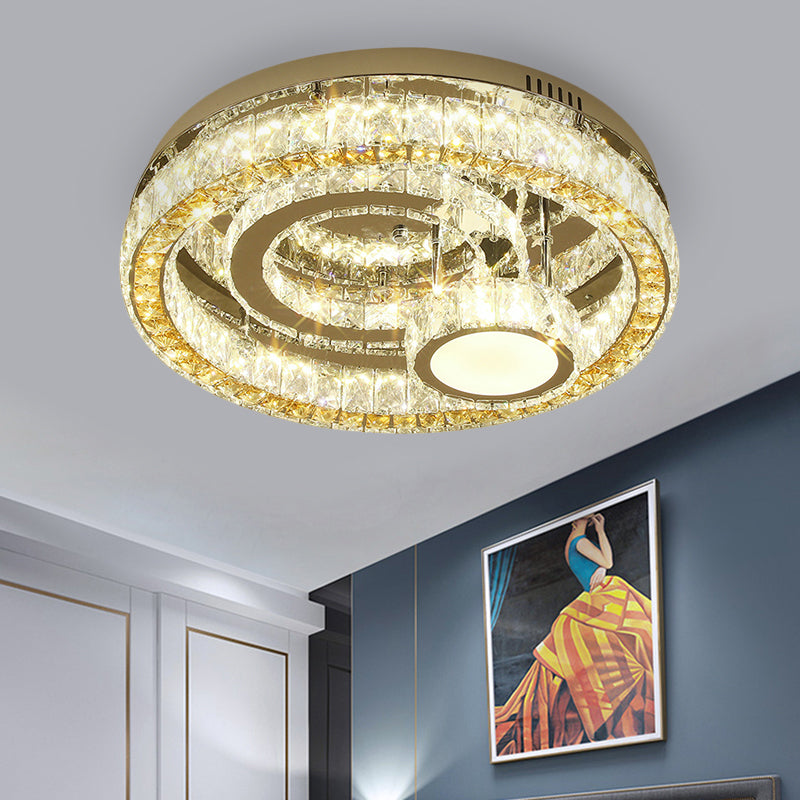 LED Circular Lighting Fixture Modern Stainless-Steel Finish Clear Beveled Crystal Blocks Semi-Flush Mount