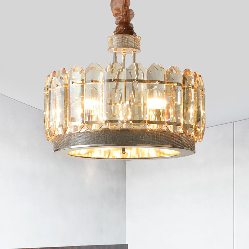 Trommel eetkamer hangende lamp eigentijdse helder gesneden kristallen blokken 6 koppen grijze afwerking kroonluchter