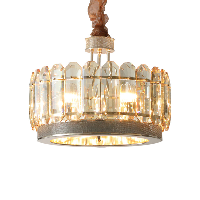 Trommel eetkamer hangende lamp eigentijdse helder gesneden kristallen blokken 6 koppen grijze afwerking kroonluchter