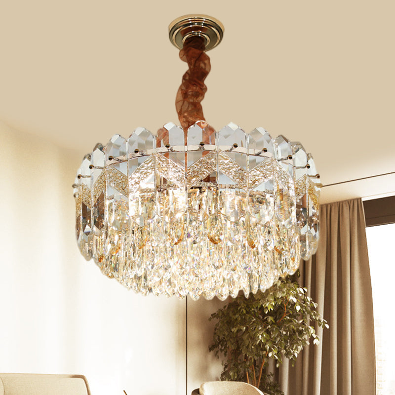 9 bollen helder kristal draperend plafond kroonluchter moderne champagne/rook grijze afwerking drum slaapkamer hanger lamp