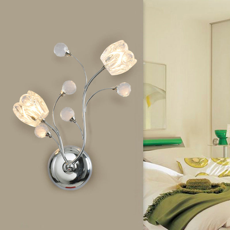 Boules en cristal coupées coupées lampe murale chromée bras tourbillonnant 2 bulbes applique de paroi de surface moderne avec nuance de fleur