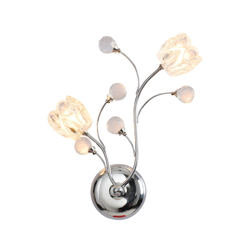Boules en cristal coupées coupées lampe murale chromée bras tourbillonnant 2 bulbes applique de paroi de surface moderne avec nuance de fleur