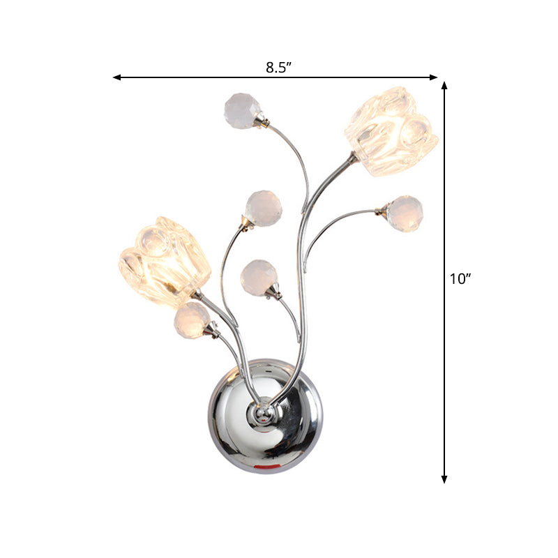 Boules en cristal coupées coupées lampe murale chromée bras tourbillonnant 2 bulbes applique de paroi de surface moderne avec nuance de fleur