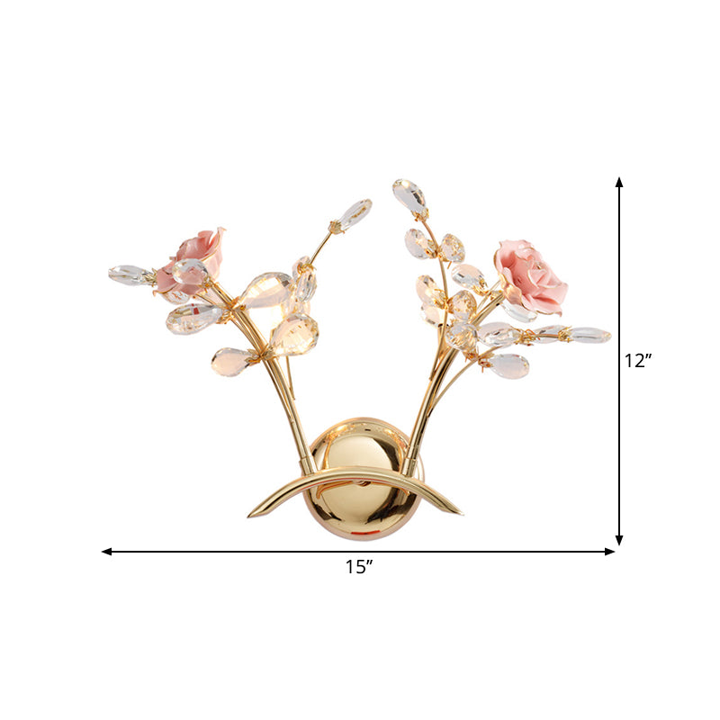 Branch Corridor Wall Lighting Contemporary Clear Crystal Raindrops 2 Heads Gold Wall Mount Lamp with Rose Design