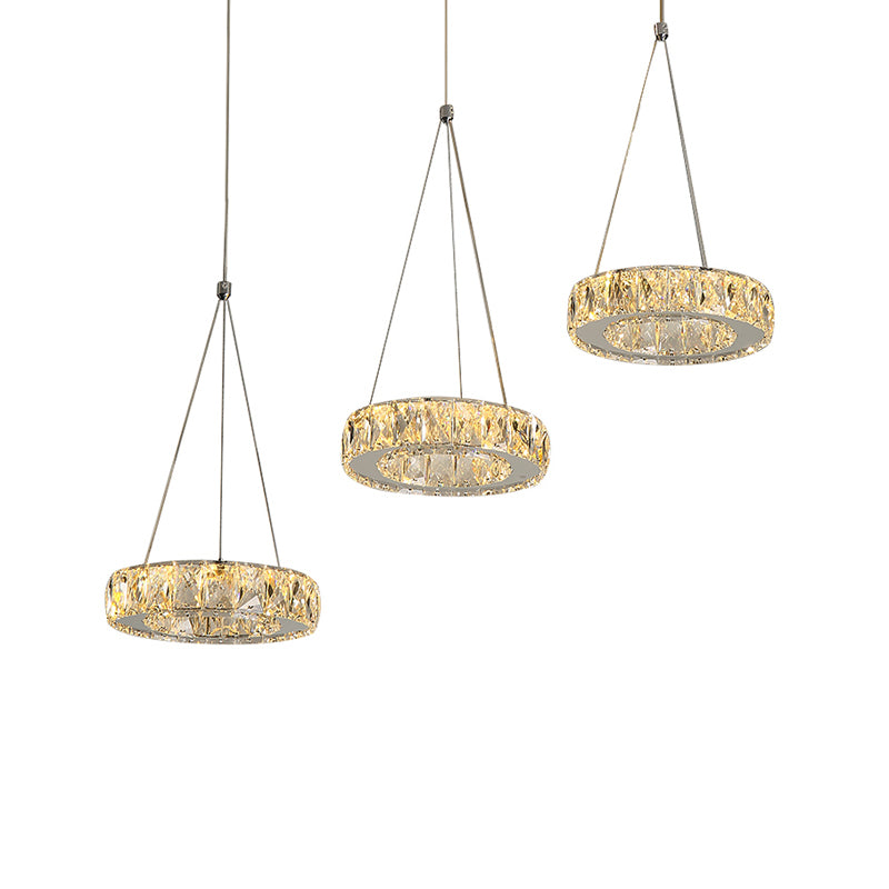 Modern 3-Ring Multi Suspension Pendant Clear Rectangular-Cut Crystals LED Plug in Swag Light in Stainless-Steel