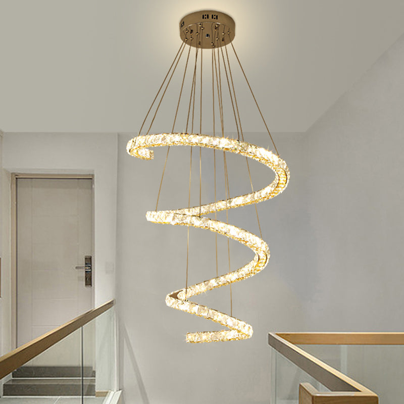 4-Tier Spiral Clear Crystal Blocks Pendant Contemporary Living Room LED Chandelier Lighting in Stainless-Steel